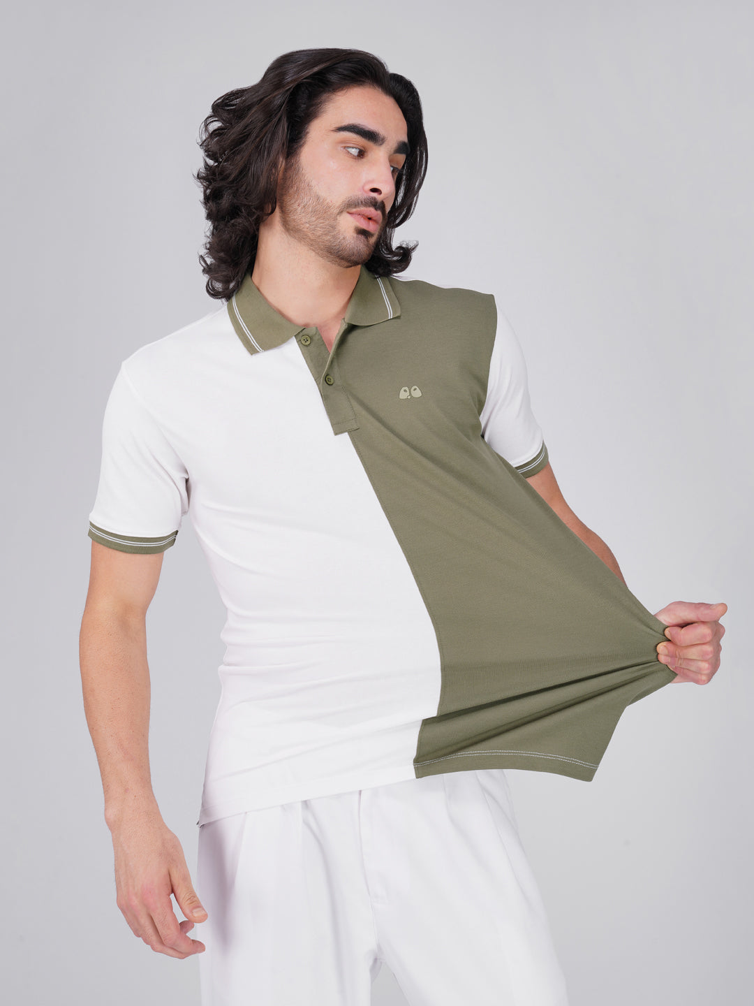 Men's Organic Cotton Polo T-Shirt with Anti Stain, Anti-Microbial Protection, Stain-Release - Care Finish White & Olive Green