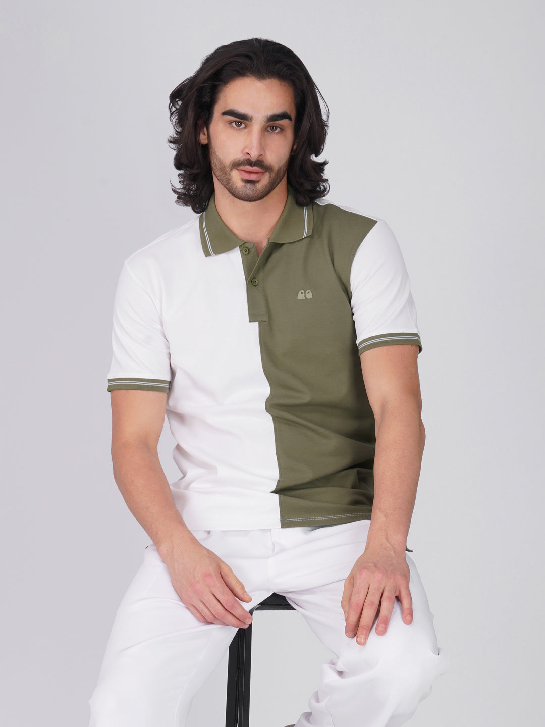 Men's Organic Cotton Polo T-Shirt with Anti Stain, Anti-Microbial Protection, Stain-Release - Care Finish White & Olive Green