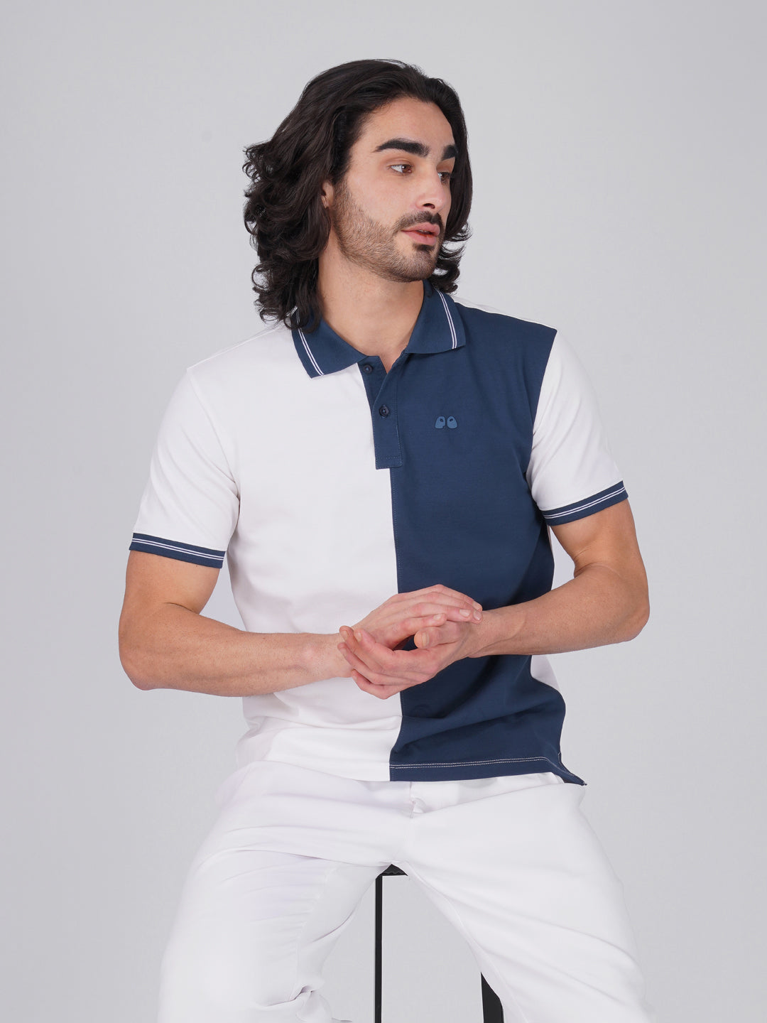 Men's Organic Cotton Polo T-Shirt with Anti Stain, Anti-Microbial Protection, Stain-Release - Care Finish White & Blue