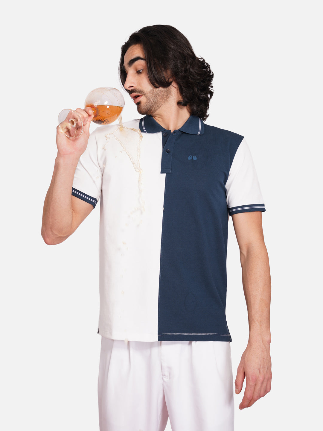 Men's Organic Cotton Polo T-Shirt with Anti Stain, Anti-Microbial Protection, Stain-Release - Care Finish White & Blue