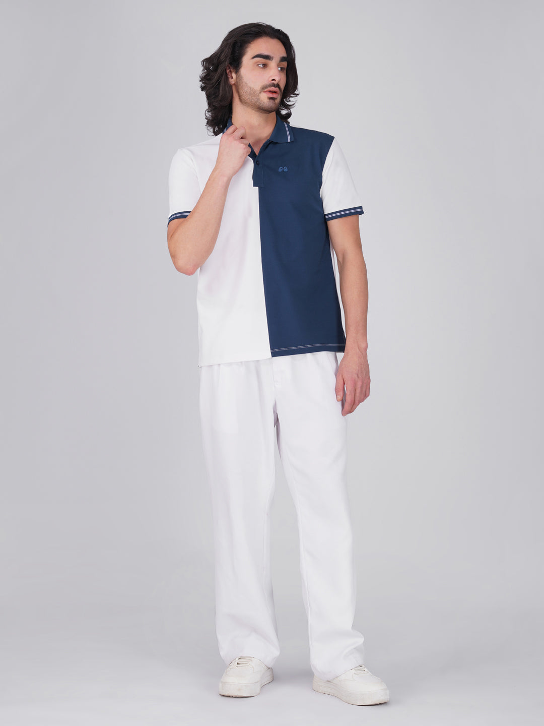 Men's Organic Cotton Polo T-Shirt with Anti Stain, Anti-Microbial Protection, Stain-Release - Care Finish White & Blue