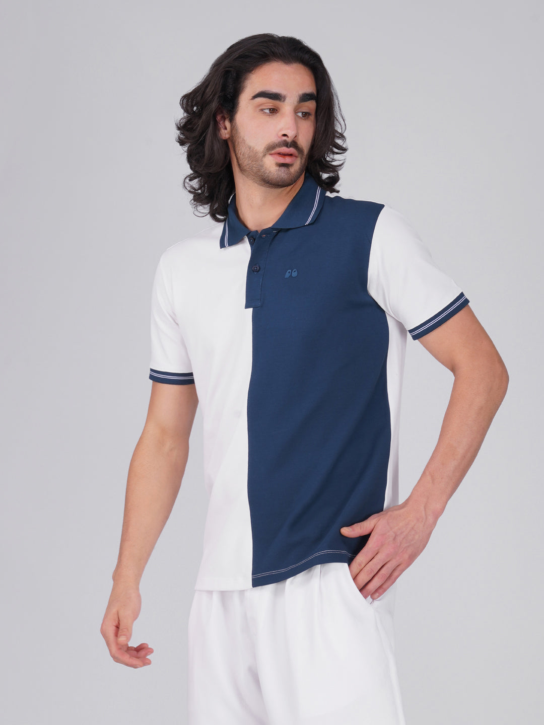 Men's Organic Cotton Polo T-Shirt with Anti Stain, Anti-Microbial Protection, Stain-Release - Care Finish White & Blue