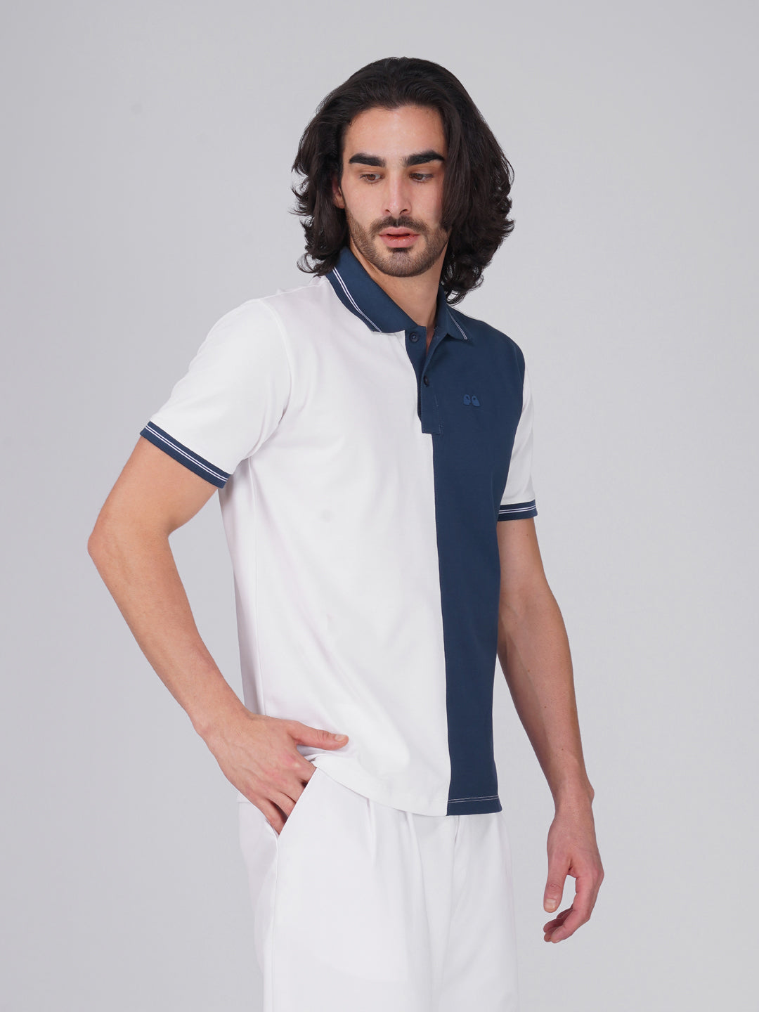 Men's Organic Cotton Polo T-Shirt with Anti Stain, Anti-Microbial Protection, Stain-Release - Care Finish White & Blue