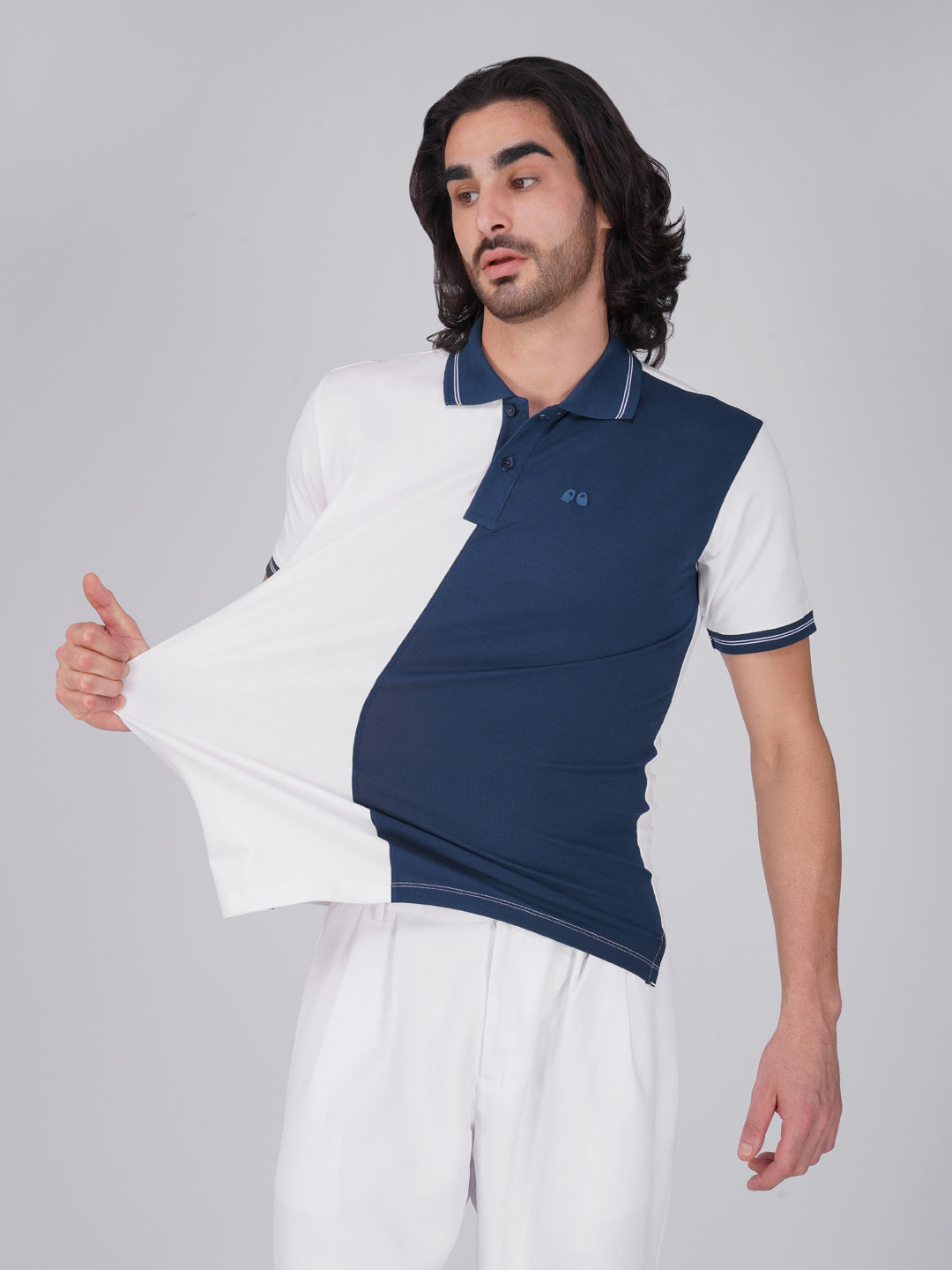 Men's Organic Cotton Polo T-Shirt with Anti Stain, Anti-Microbial Protection, Stain-Release - Care Finish White & Blue
