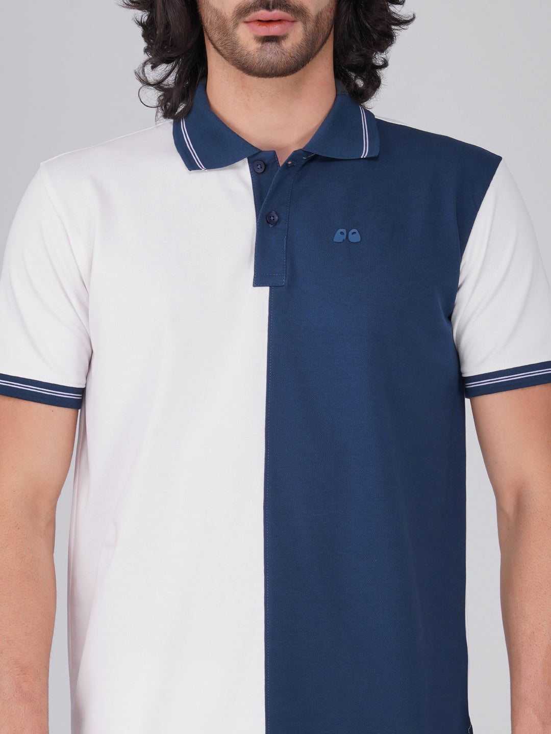 Men's Organic Cotton Polo T-Shirt with Anti Stain, Anti-Microbial Protection, Stain-Release - Care Finish White & Blue