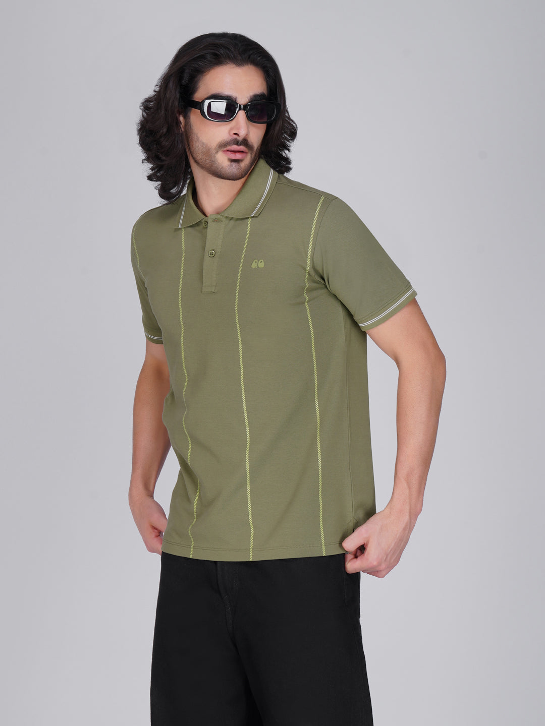 Men Olive Printed Anti-Stain Anti-Odor Cotton Polo T-Shirt