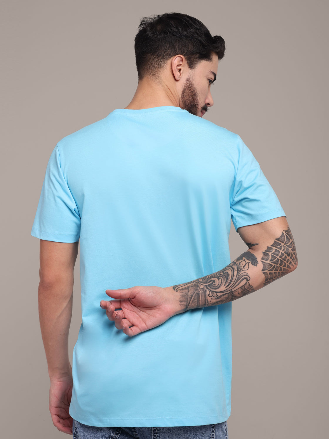 Men's Sky Blue Printed Anti-Stain Cotton Round-Neck T-Shirt