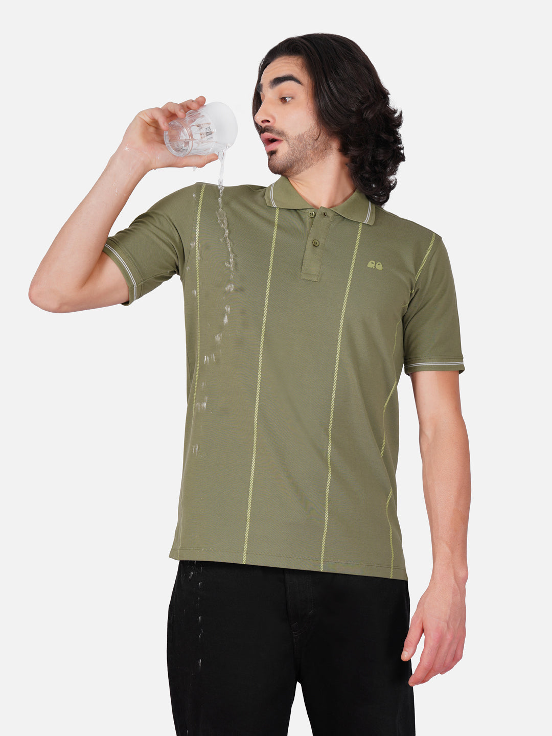Men Olive Printed Anti-Stain Anti-Odor Cotton Polo T-Shirt