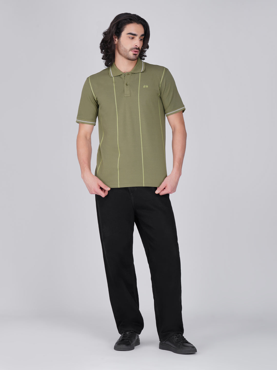 Men Olive Printed Anti-Stain Anti-Odor Cotton Polo T-Shirt
