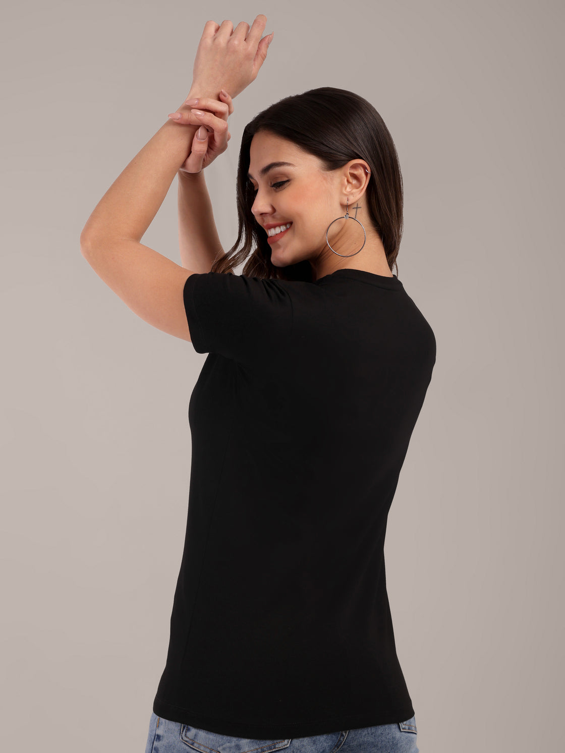 Woman Black Anti-Stain Cotton Round-Neck T-Shirt