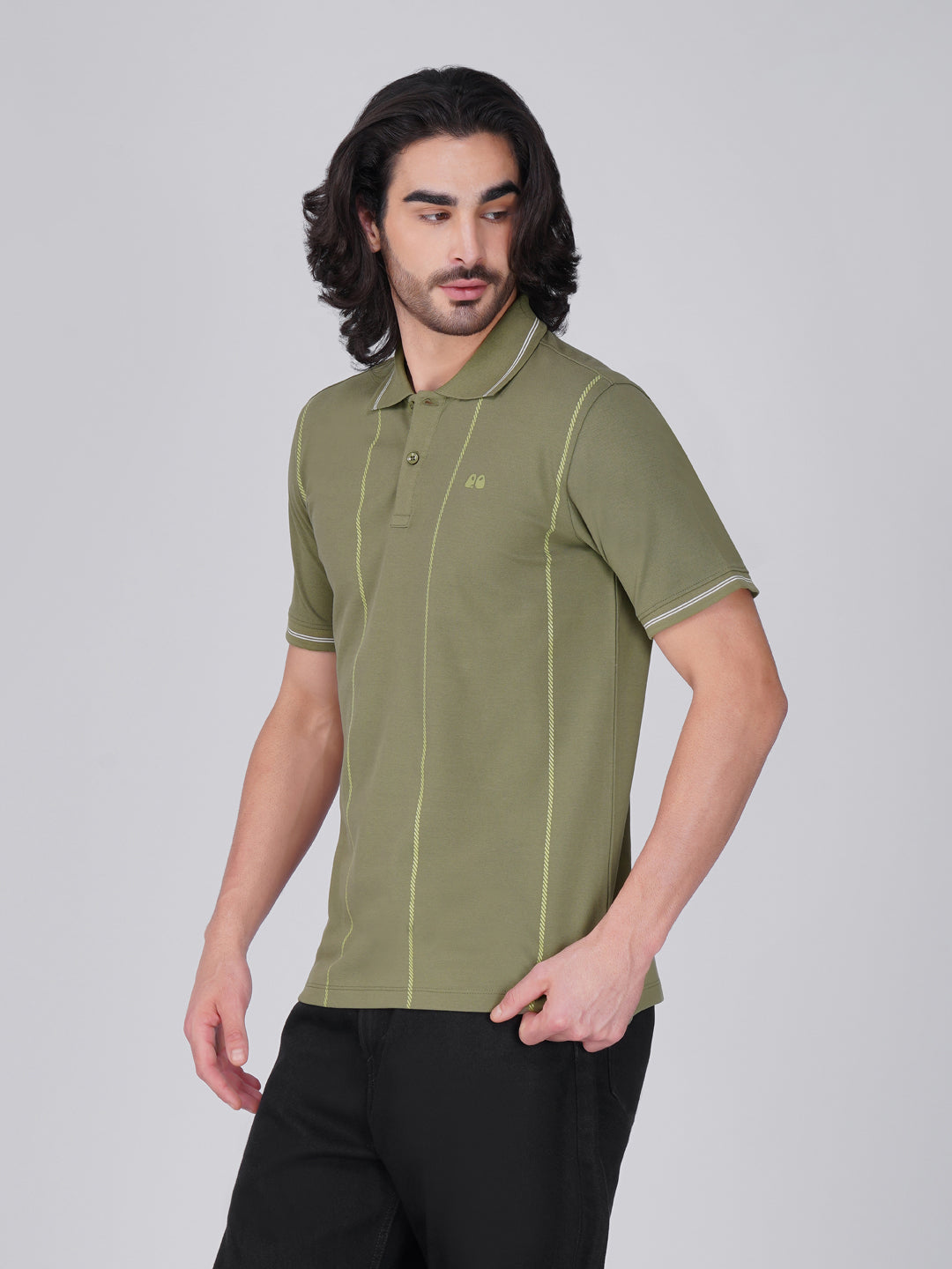 Men Olive Printed Anti-Stain Anti-Odor Cotton Polo T-Shirt