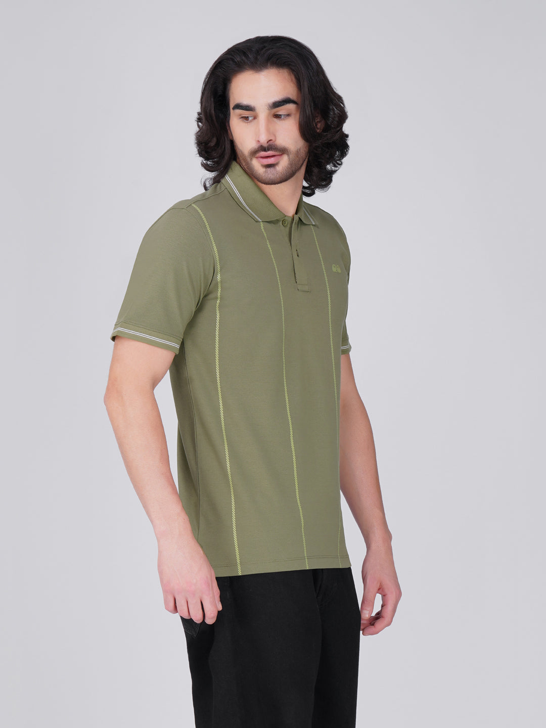 Men Olive Printed Anti-Stain Anti-Odor Cotton Polo T-Shirt