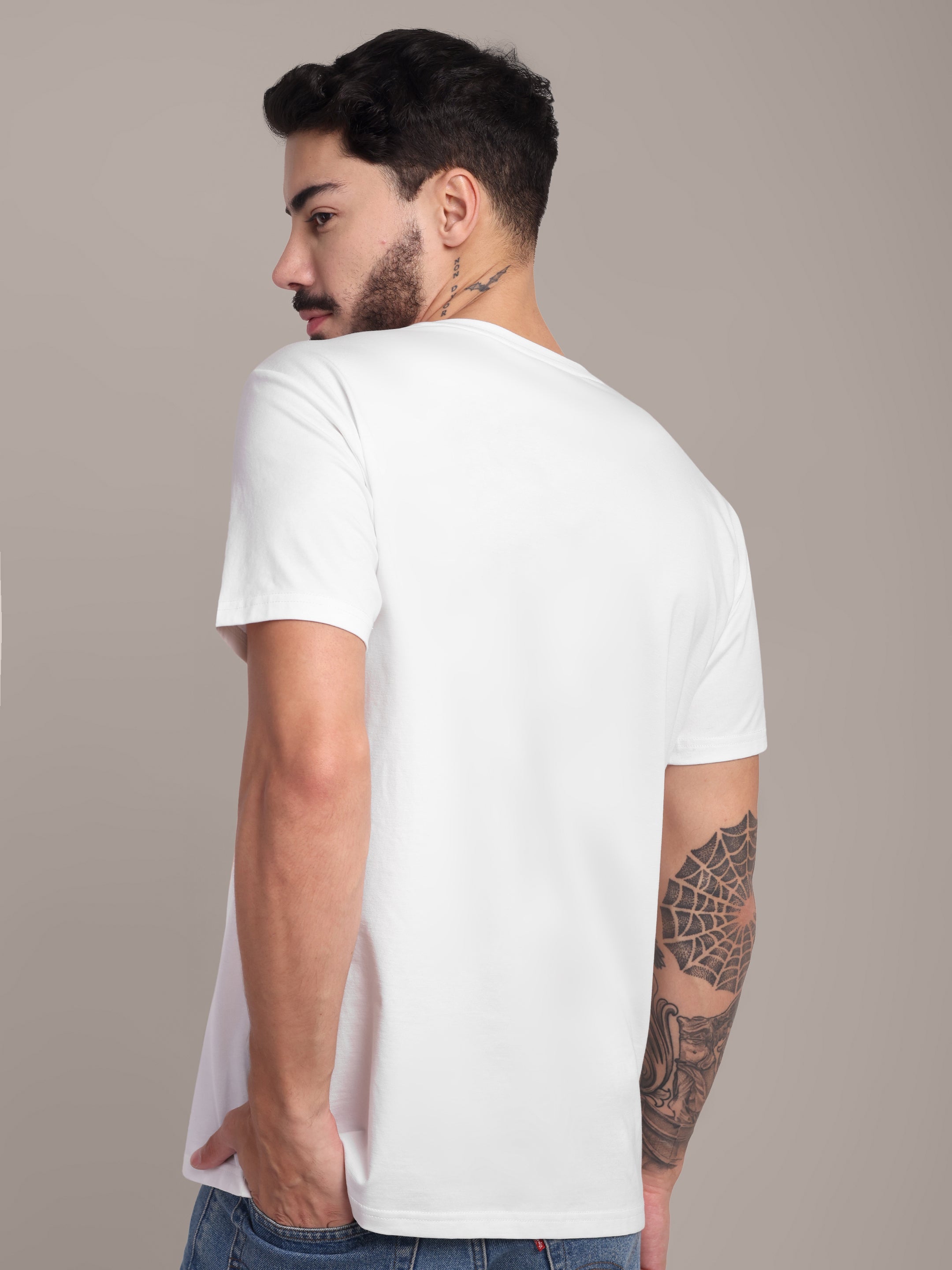 Men's White Anti-Stain Cotton Round Neck T-Shirt