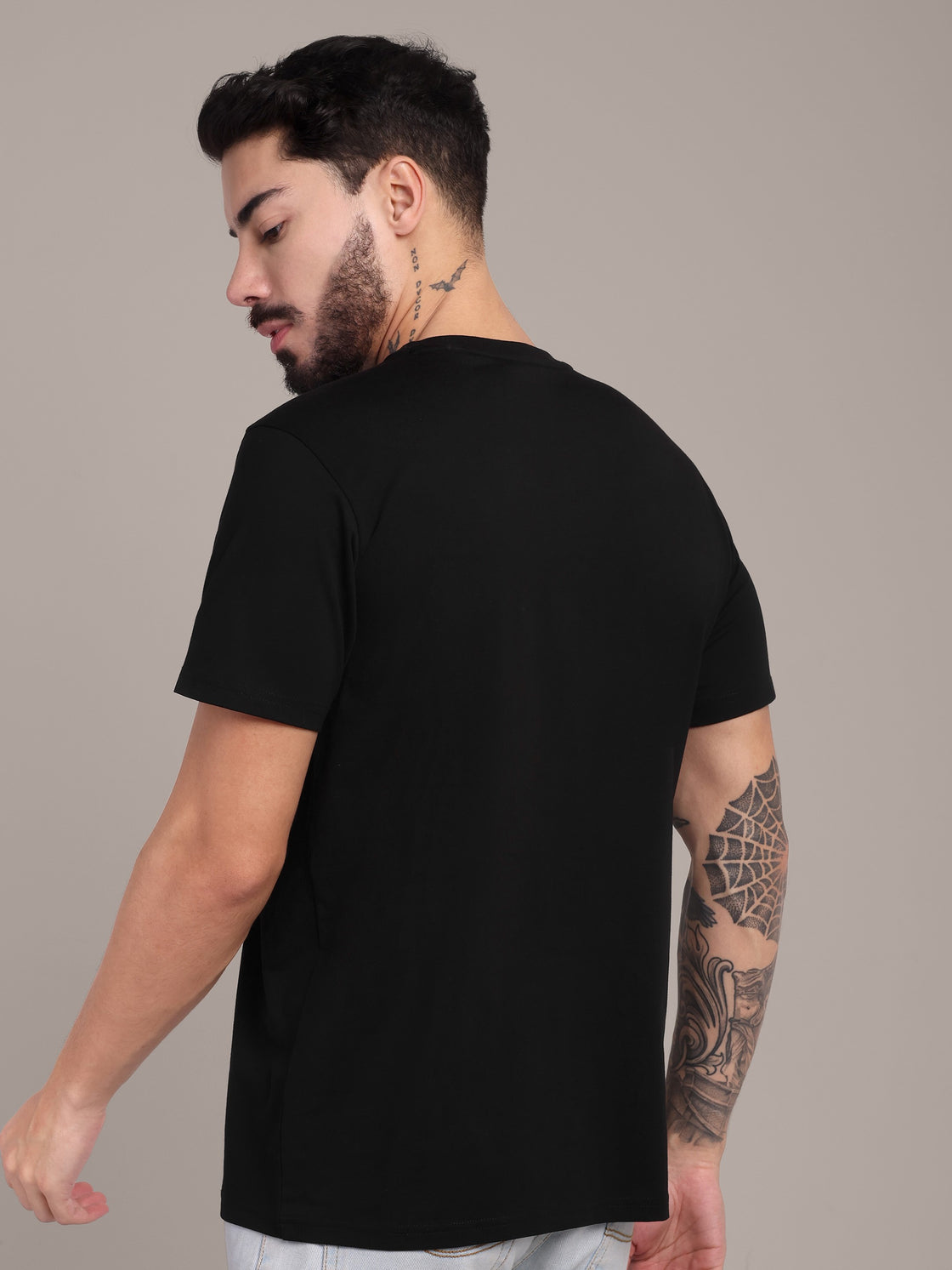 Men Black Anti-Stain Cotton Round Neck T-Shirt