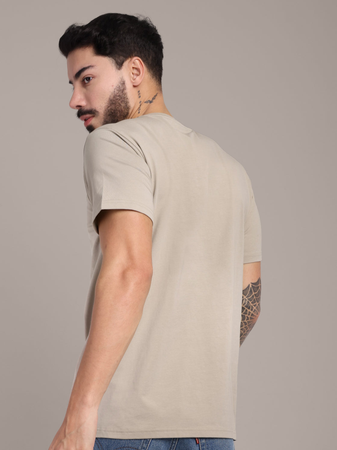 Men's Beige Anti-Stain Cotton Round Neck T-Shirt