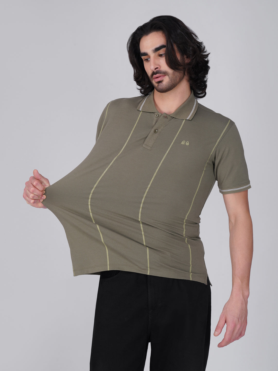 Men Olive Printed Anti-Stain Anti-Odor Cotton Polo T-Shirt