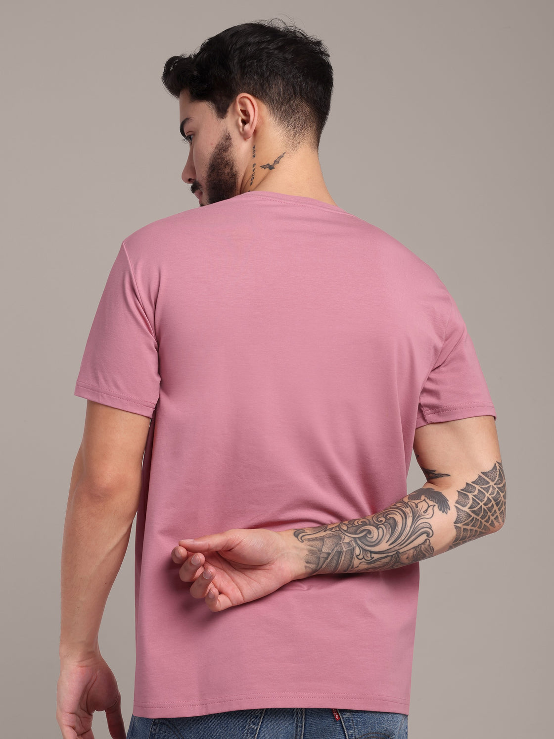 VANDEE Men's Mauve Anti-Stain Cotton Round Neck T-Shirt