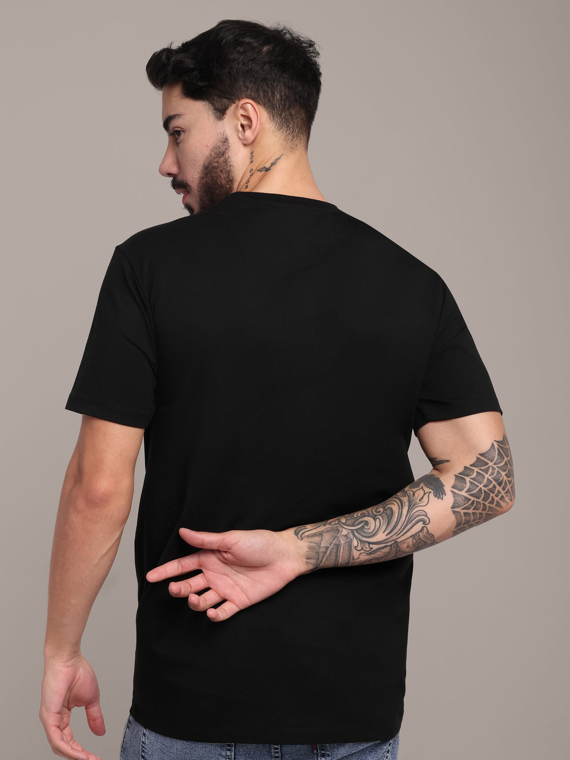 Men's Black Printed Anti-Stain Cotton Round-Neck T-Shirt