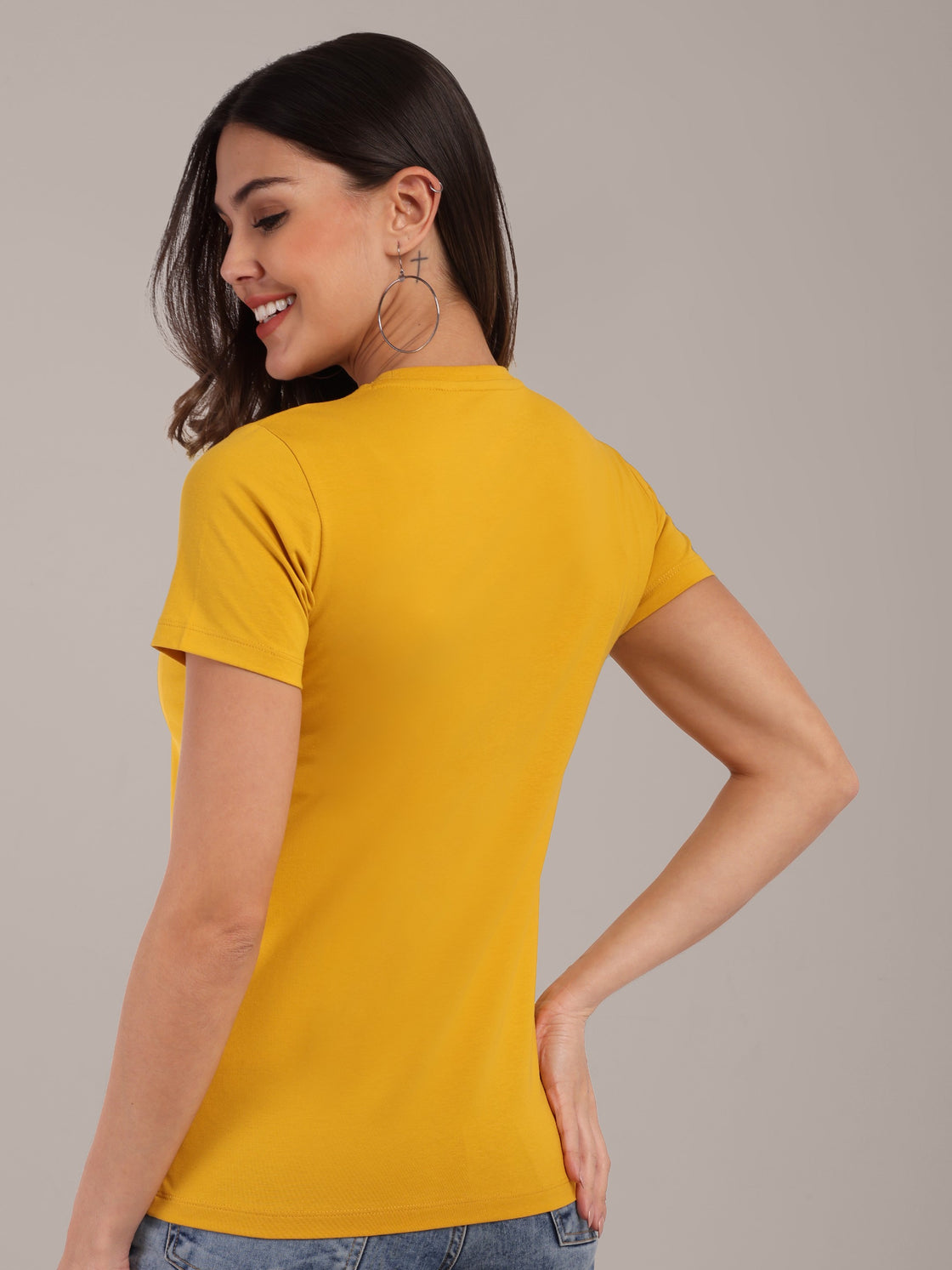 Woman Mustard Anti-Stain Cotton Round-Neck T-Shirt