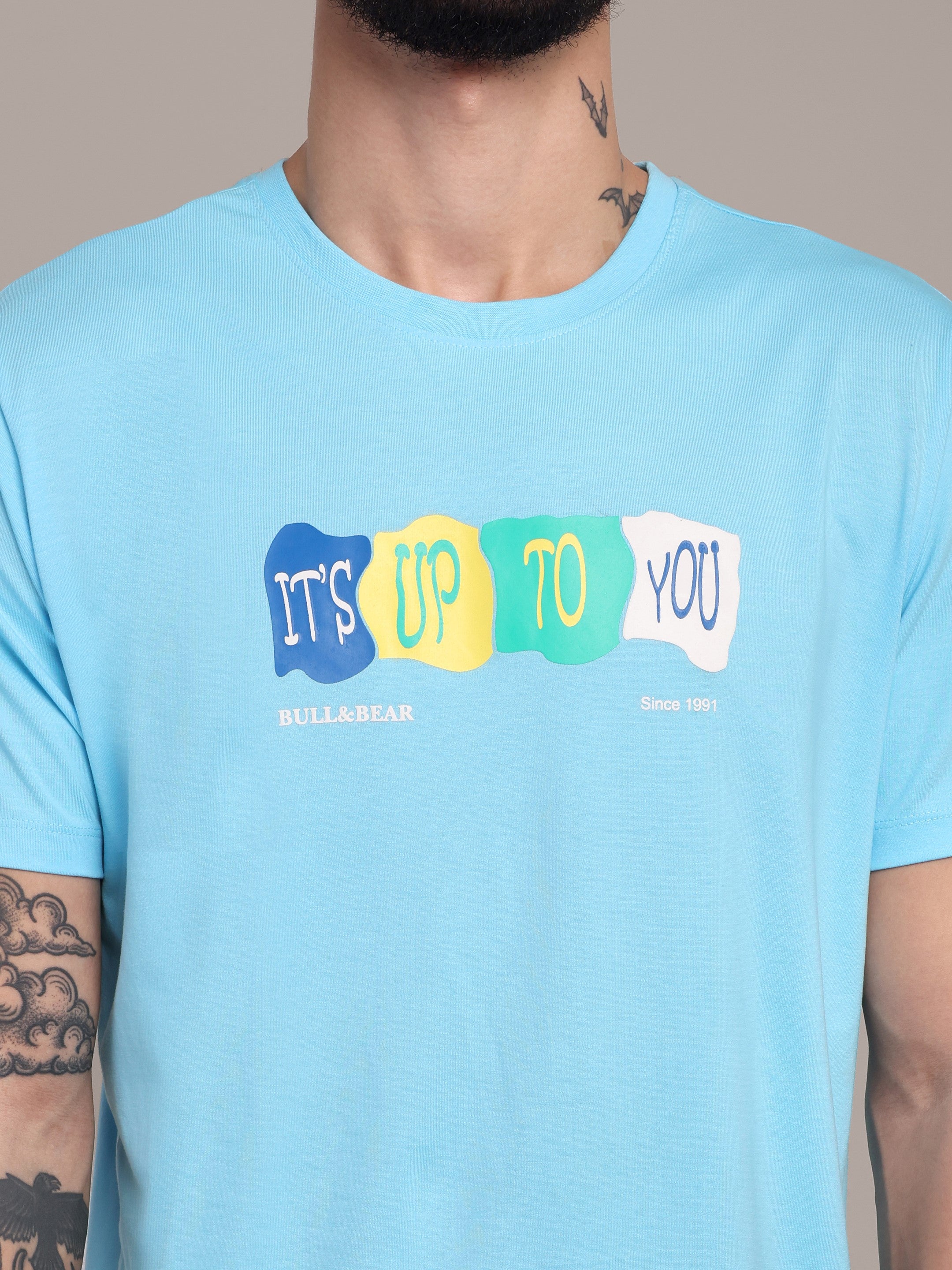 Men's Sky Blue Printed Anti-Stain Cotton Round-Neck T-Shirt