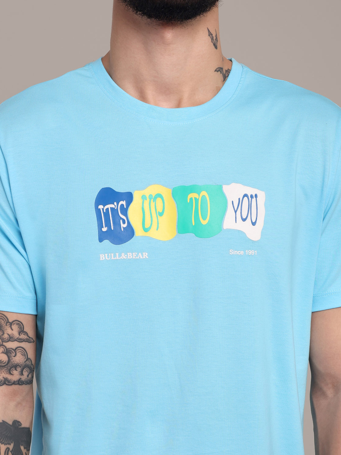 Men's Sky Blue Printed Anti-Stain Cotton Round-Neck T-Shirt