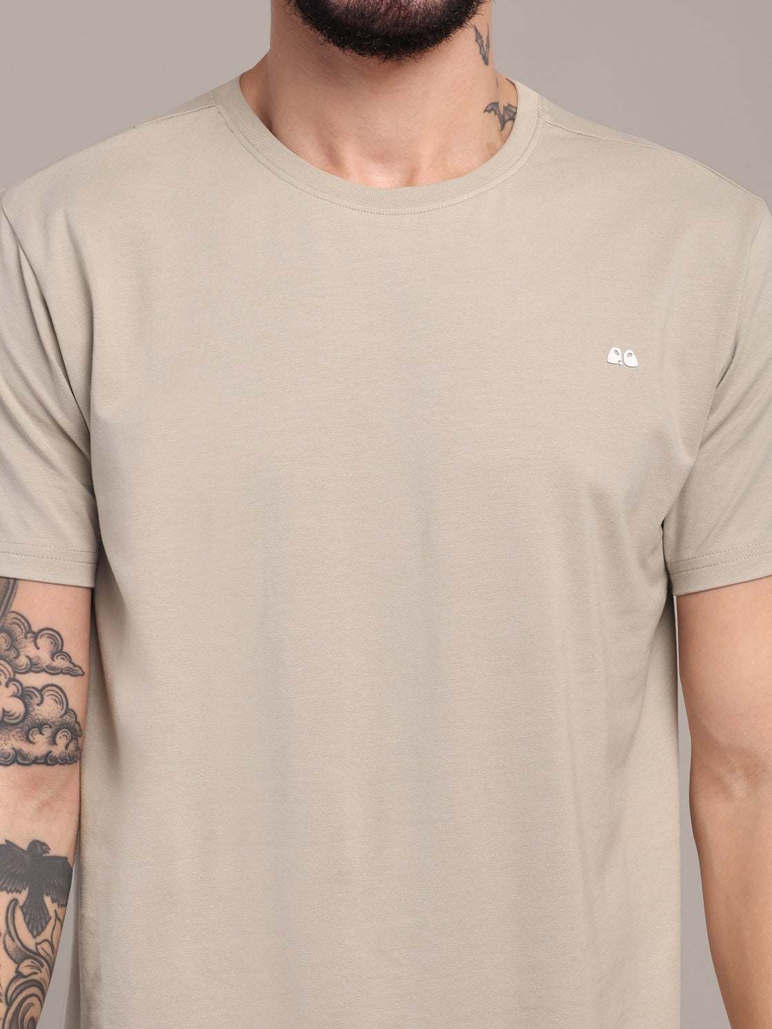 Men's Beige Anti-Stain Cotton Round Neck T-Shirt
