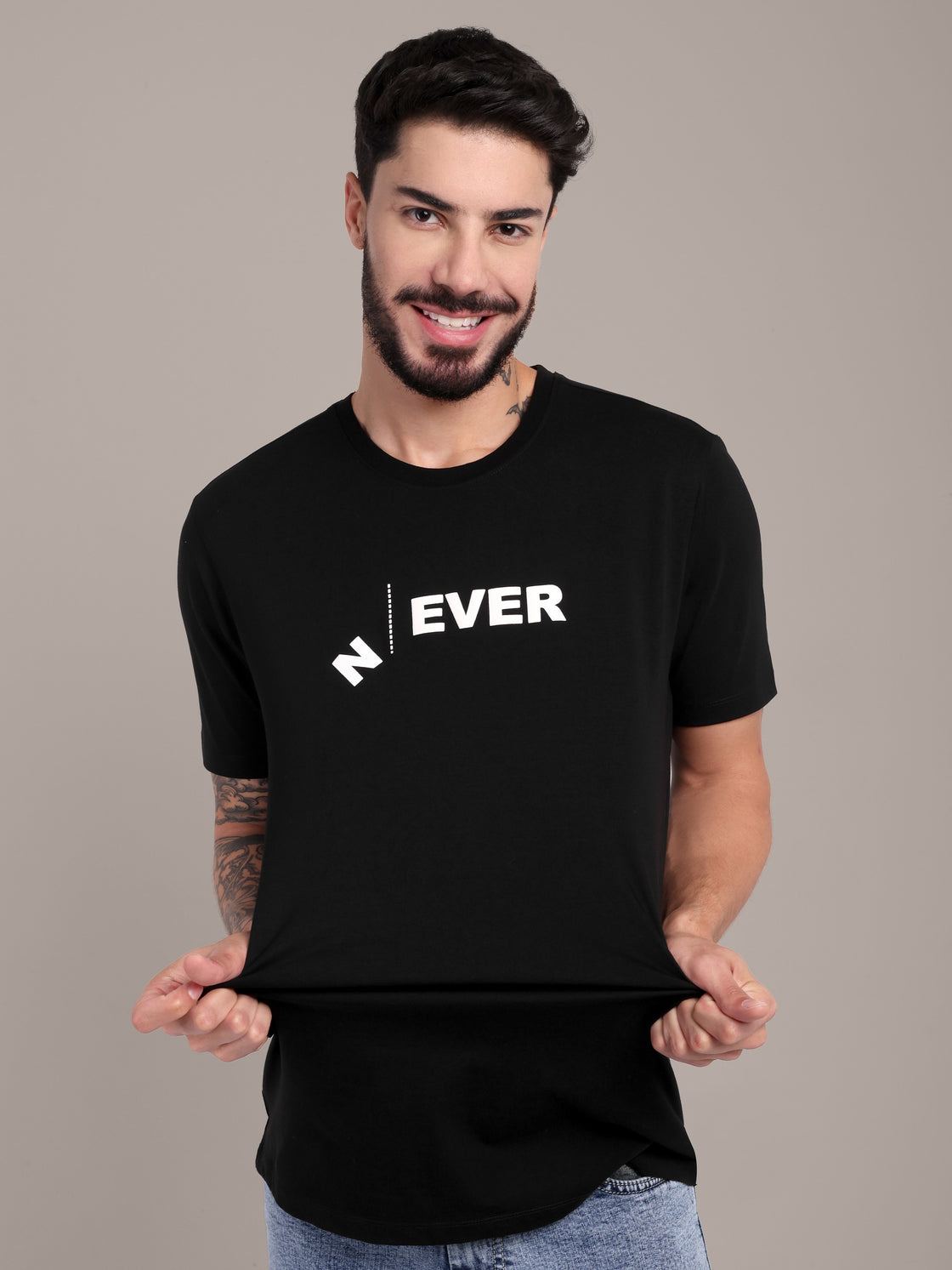 Men's Black Printed Anti-Stain Cotton Round-Neck T-Shirt