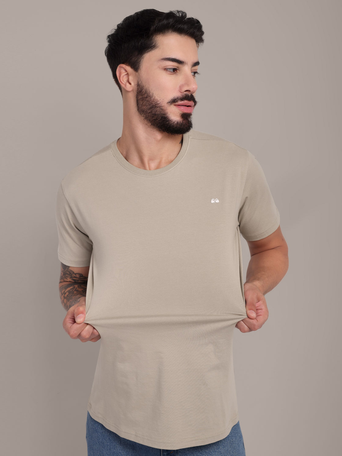 Men's Beige Anti-Stain Cotton Round Neck T-Shirt