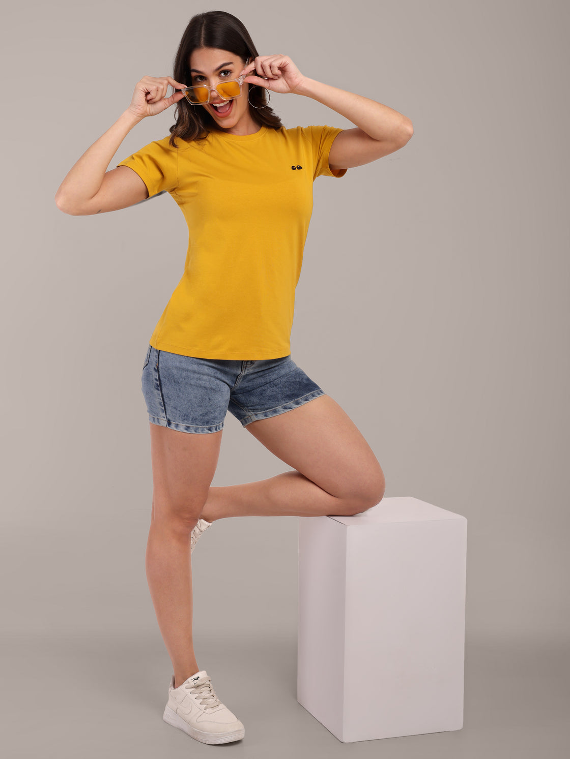 Woman Mustard Anti-Stain Cotton Round-Neck T-Shirt