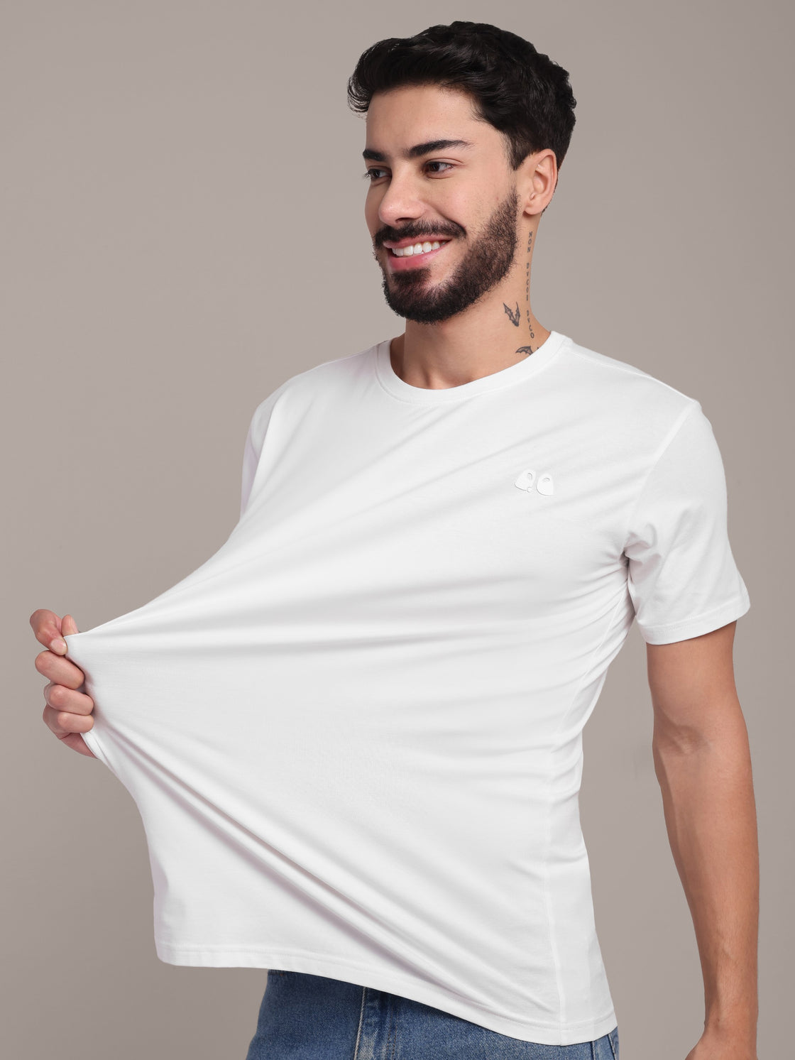 Men's White Anti-Stain Cotton Round Neck T-Shirt