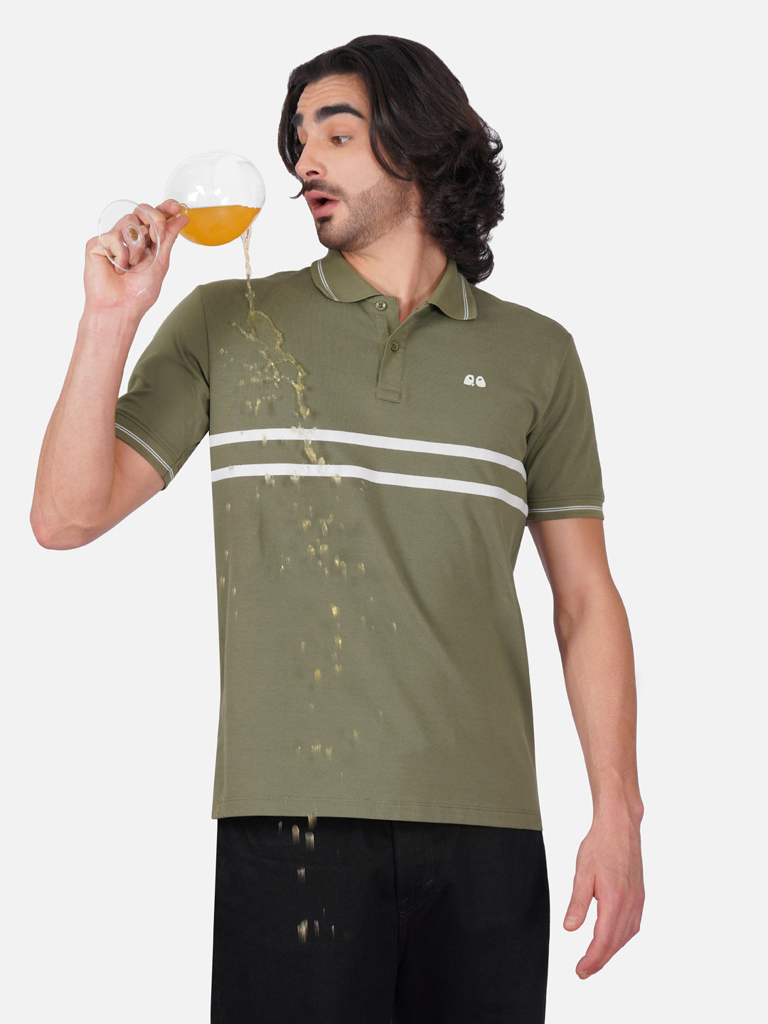 Men's  - Olive Green double-stripe Organic Cotton Polo T-Shirt with Anti Stain, Anti-Microbial Protection.