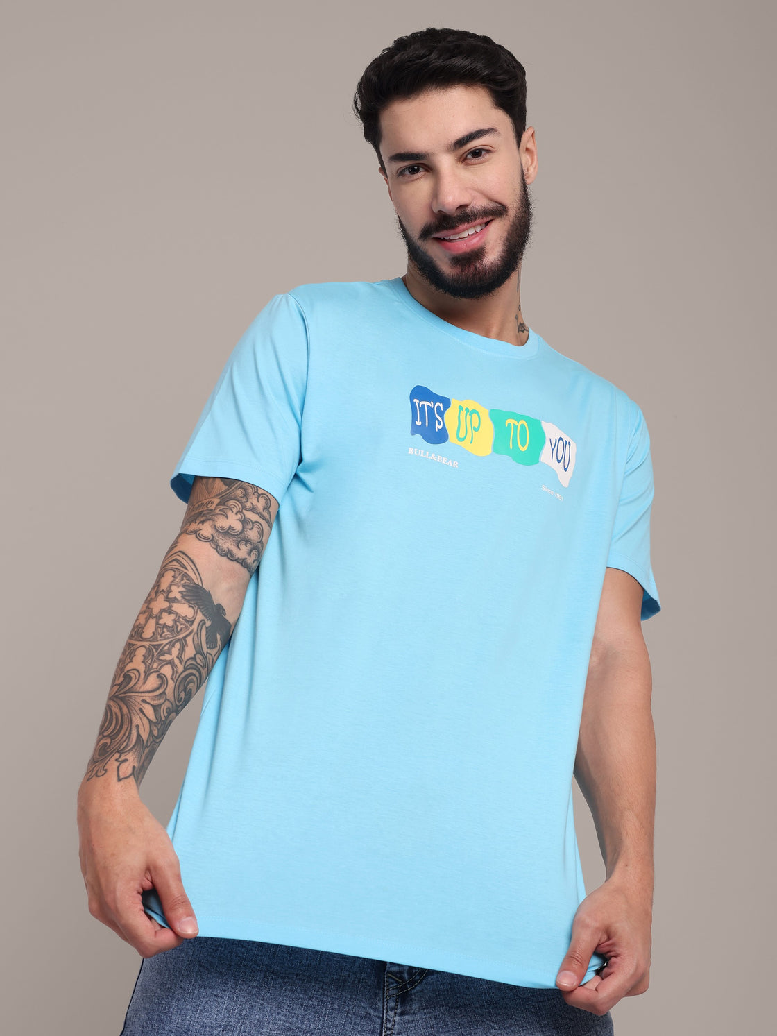 Men's Sky Blue Printed Anti-Stain Cotton Round-Neck T-Shirt