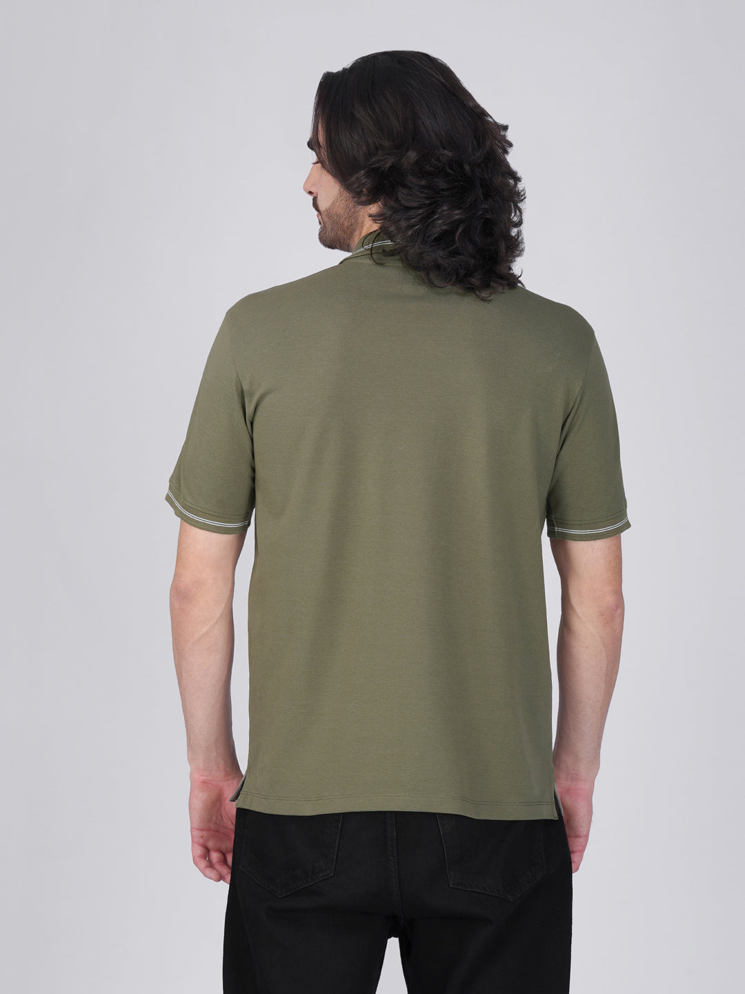 Men's  - Olive Green double-stripe Organic Cotton Polo T-Shirt with Anti Stain, Anti-Microbial Protection.