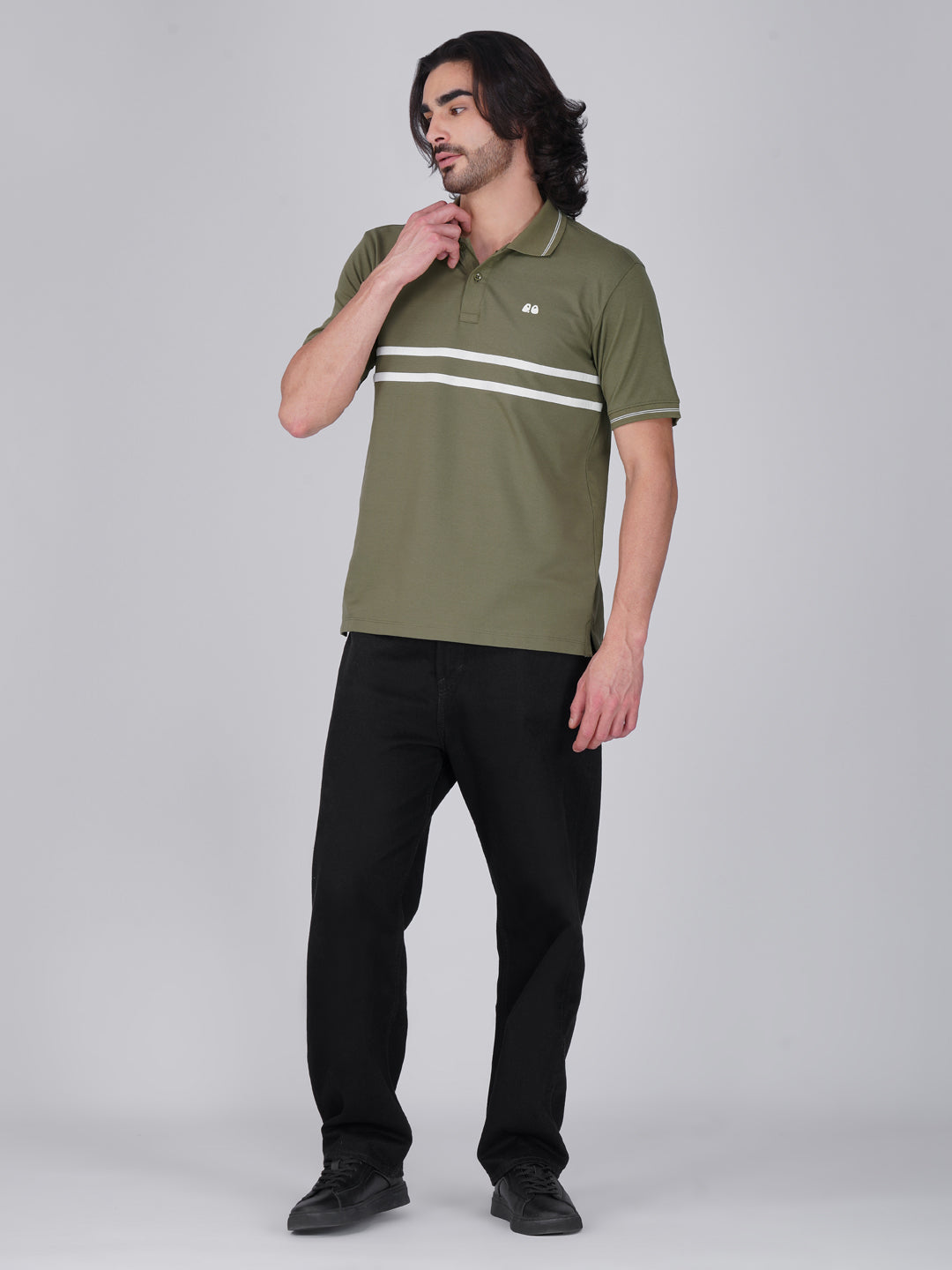 Men's  - Olive Green double-stripe Organic Cotton Polo T-Shirt with Anti Stain, Anti-Microbial Protection.