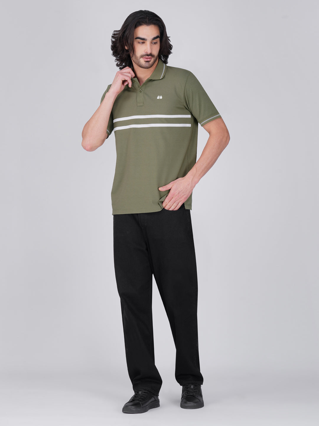 Men's  - Olive Green double-stripe Organic Cotton Polo T-Shirt with Anti Stain, Anti-Microbial Protection.