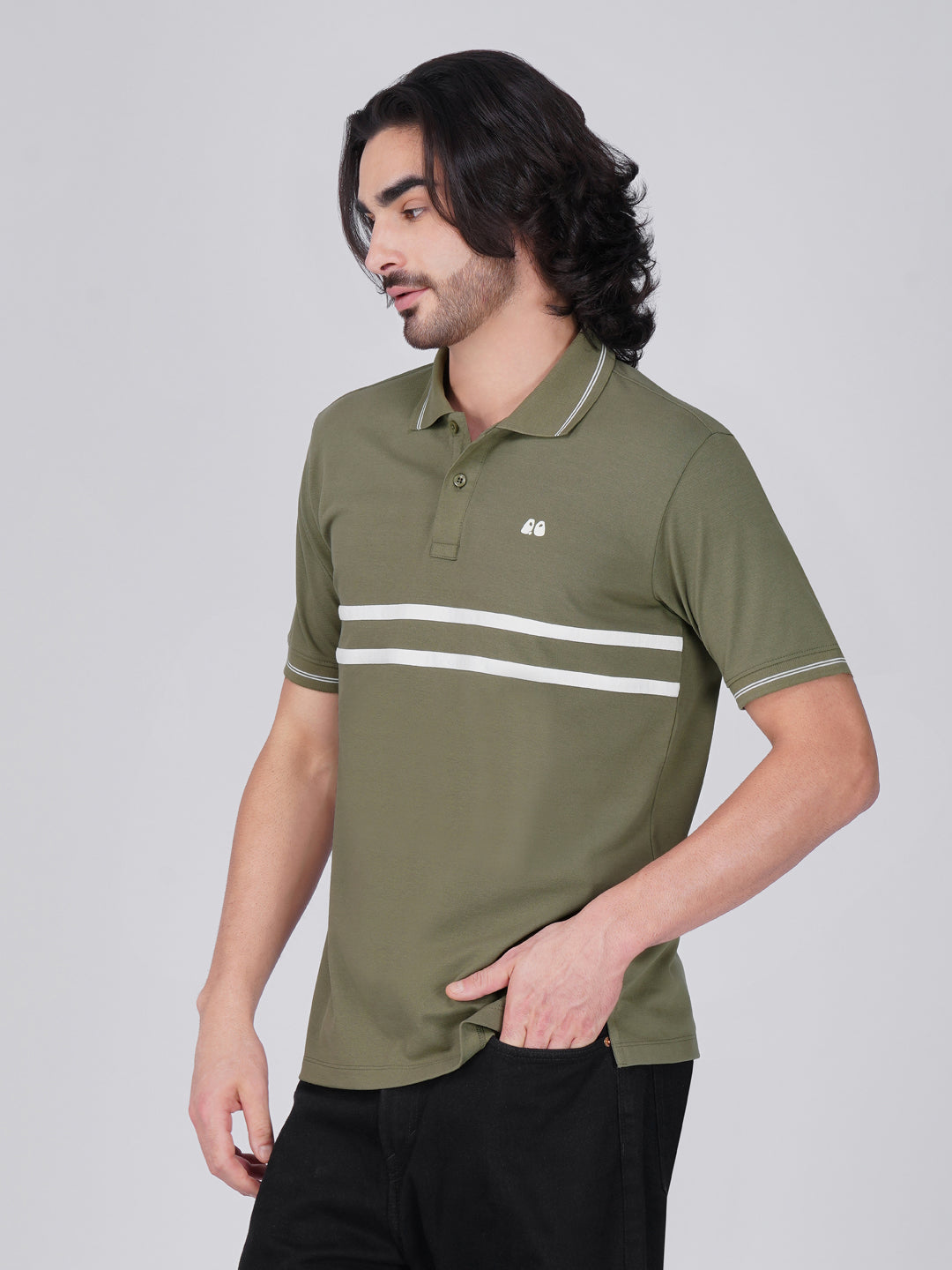 Men's  - Olive Green double-stripe Organic Cotton Polo T-Shirt with Anti Stain, Anti-Microbial Protection.