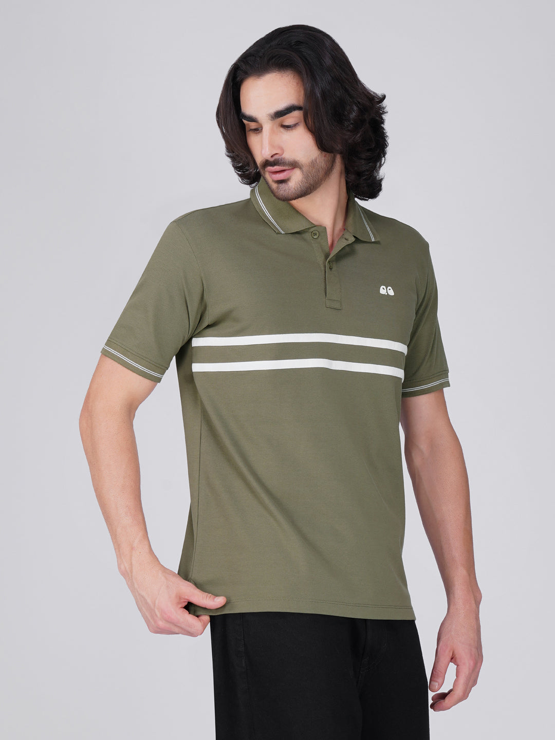 Men's  - Olive Green double-stripe Organic Cotton Polo T-Shirt with Anti Stain, Anti-Microbial Protection.