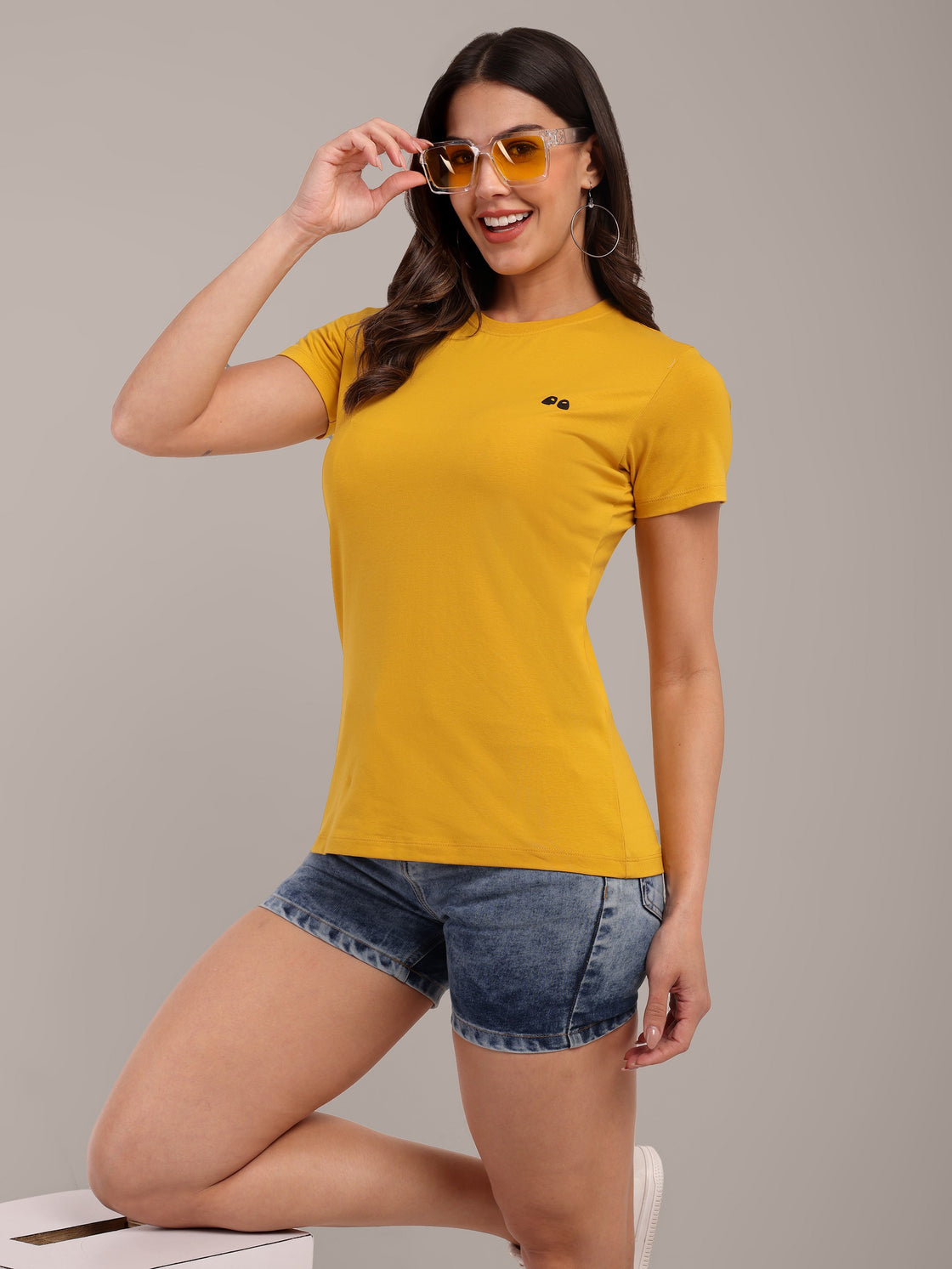 Woman Mustard Anti-Stain Cotton Round-Neck T-Shirt