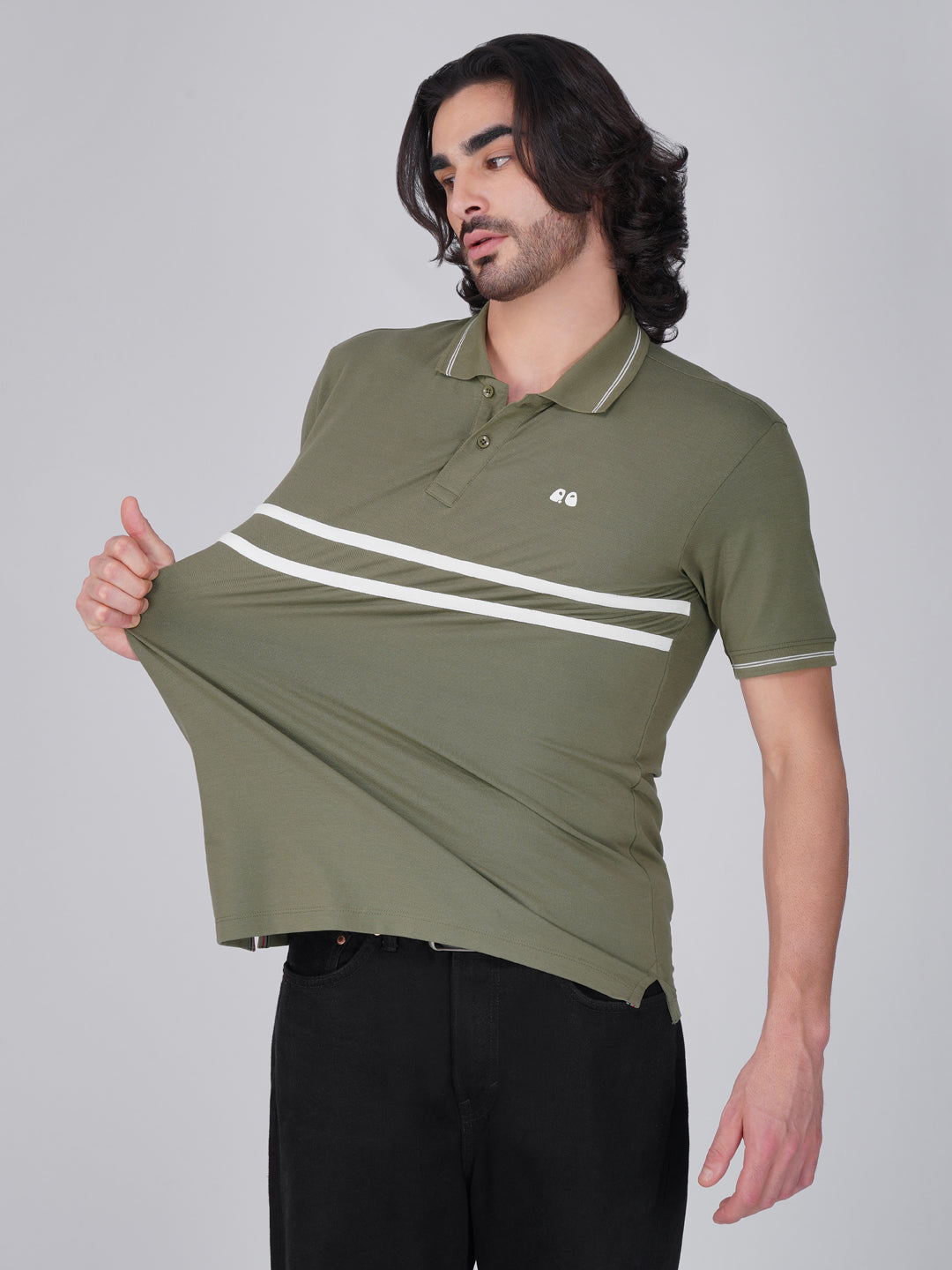Men's  - Olive Green double-stripe Organic Cotton Polo T-Shirt with Anti Stain, Anti-Microbial Protection.