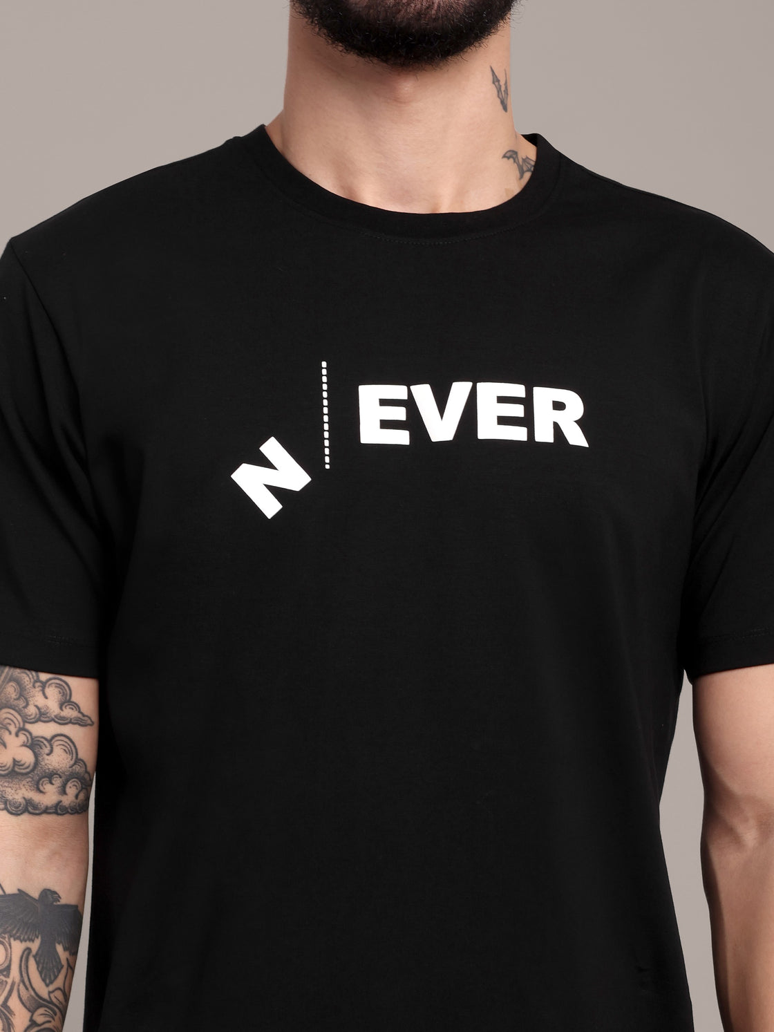 Men's Black Printed Anti-Stain Cotton Round-Neck T-Shirt