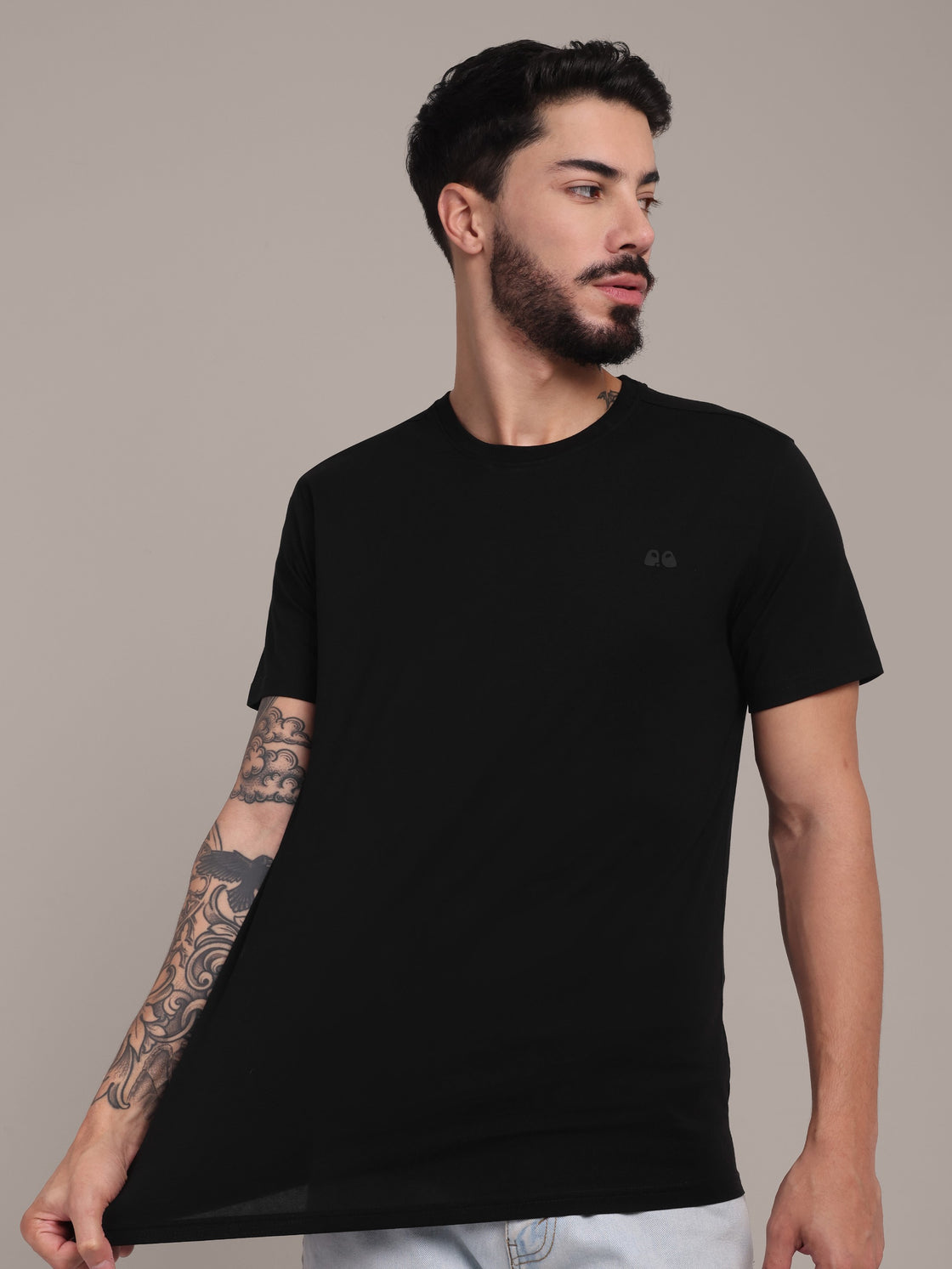 Men Black Anti-Stain Cotton Round Neck T-Shirt