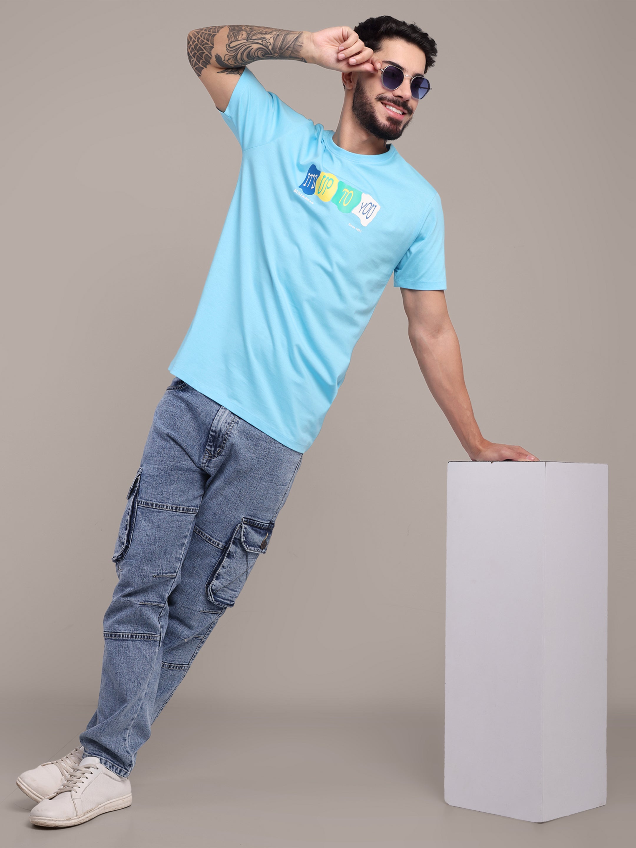 Men's Sky Blue Printed Anti-Stain Cotton Round-Neck T-Shirt