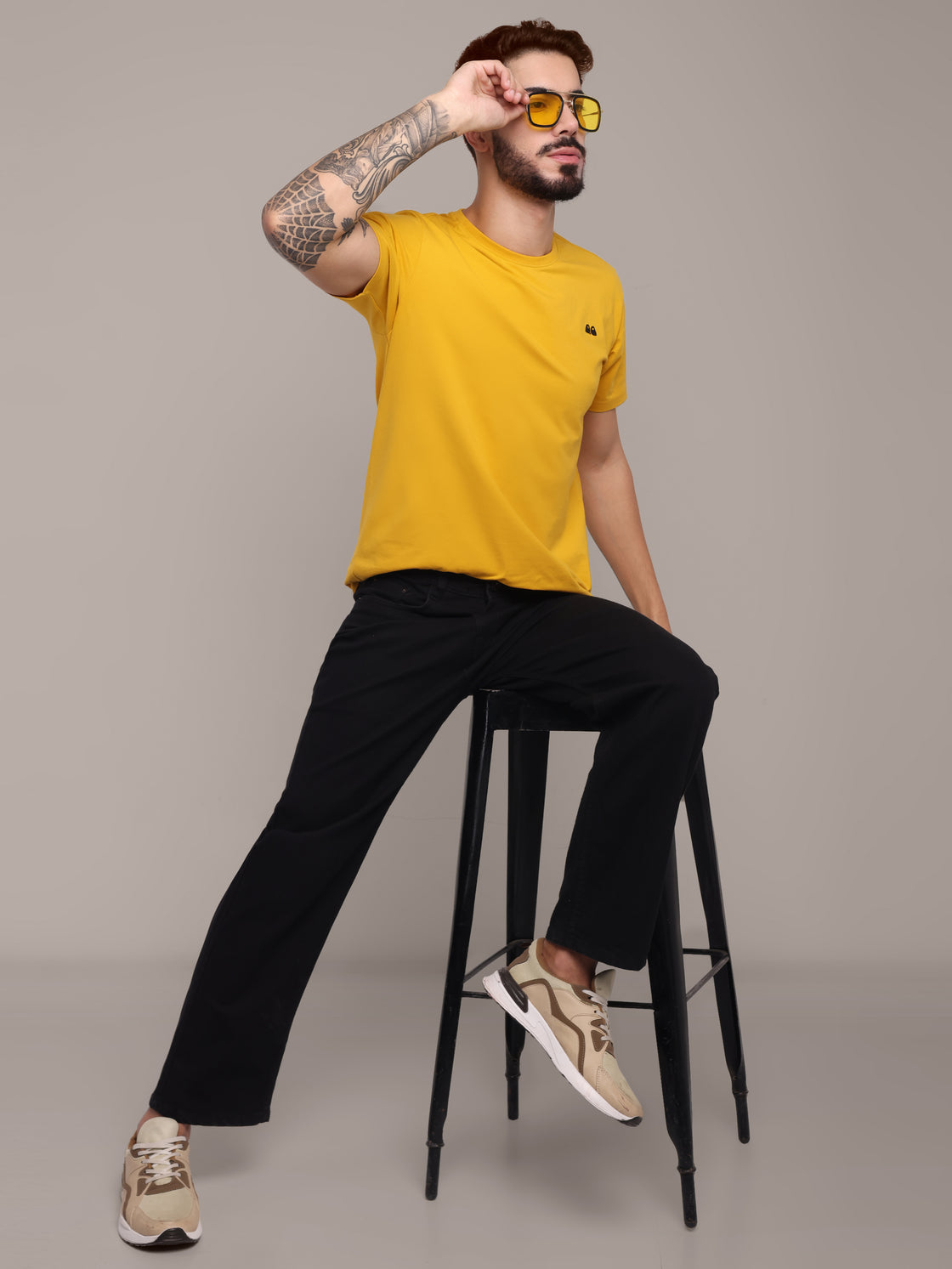 Men's Mustard Anti-Stain Cotton Round Neck T-Shirt