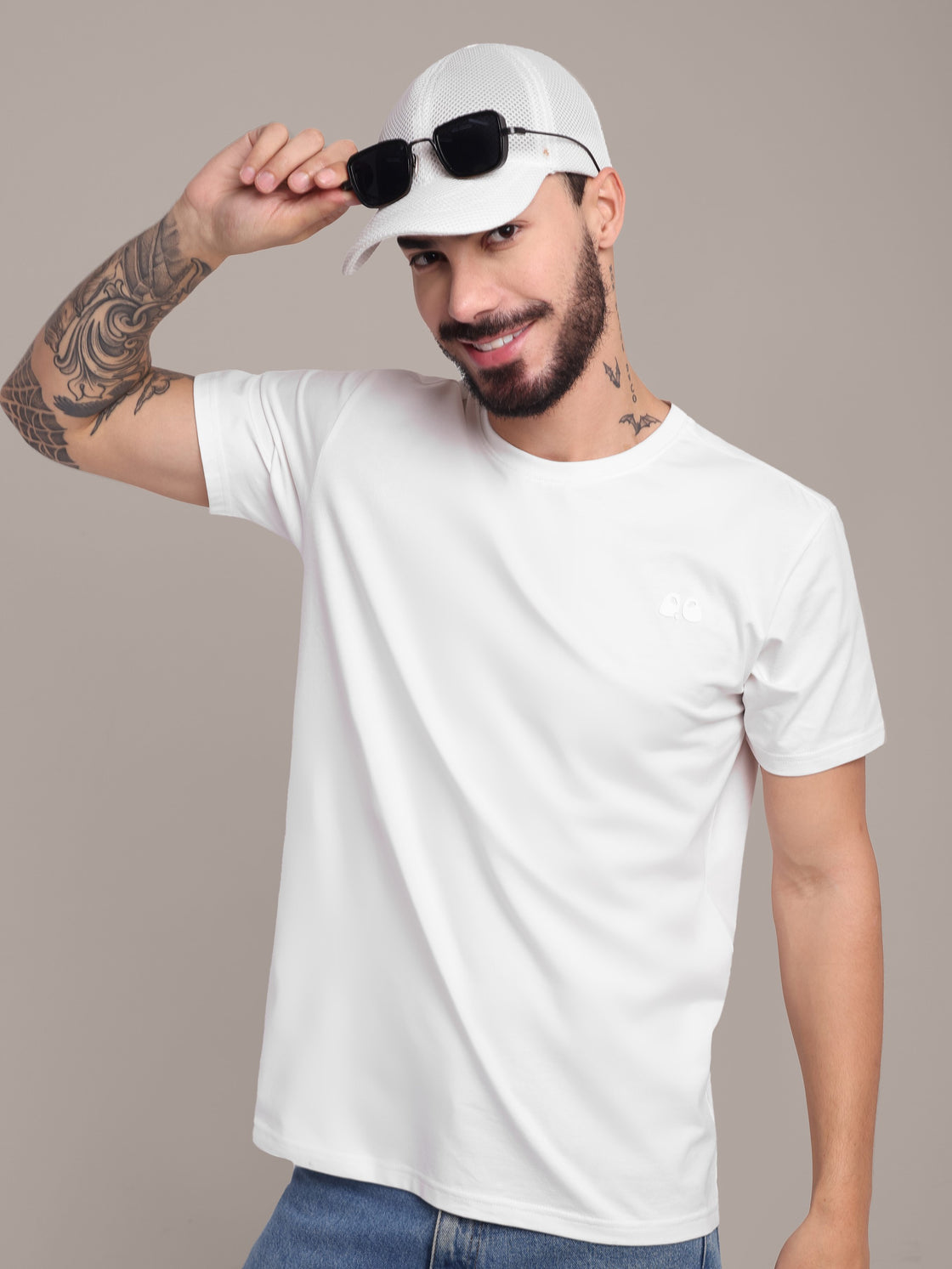 Men's White Anti-Stain Cotton Round Neck T-Shirt