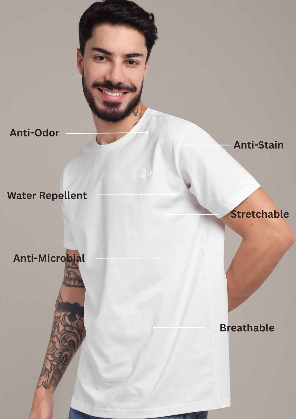 Men's White Anti-Stain Cotton Round Neck T-Shirt