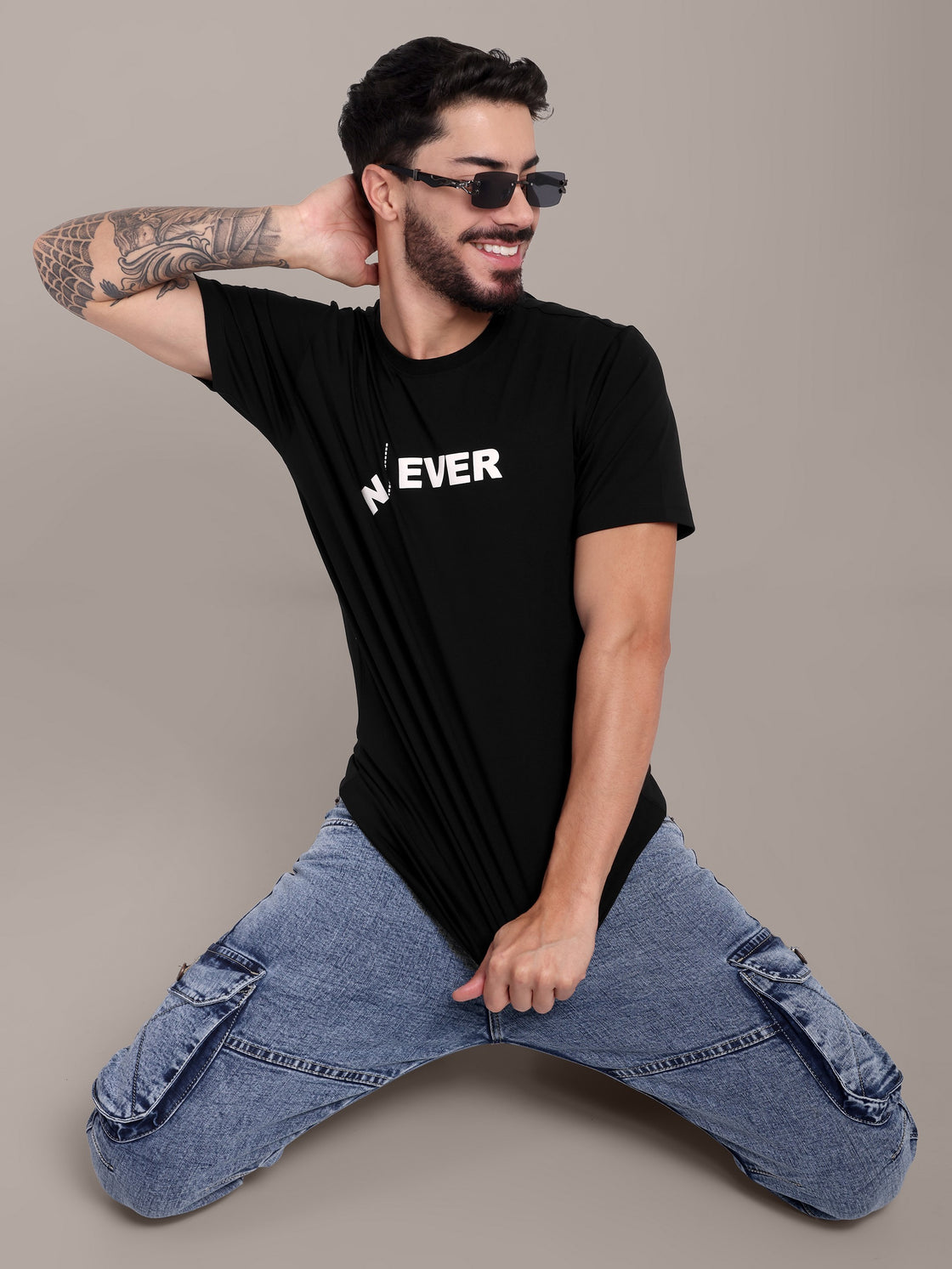 Men's Black Printed Anti-Stain Cotton Round-Neck T-Shirt
