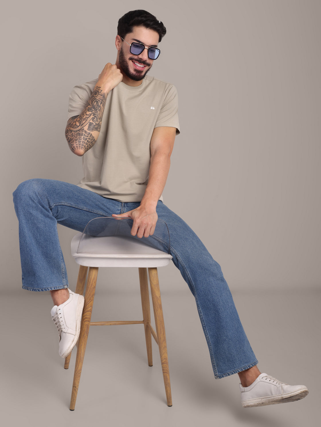 Men's Beige Anti-Stain Cotton Round Neck T-Shirt