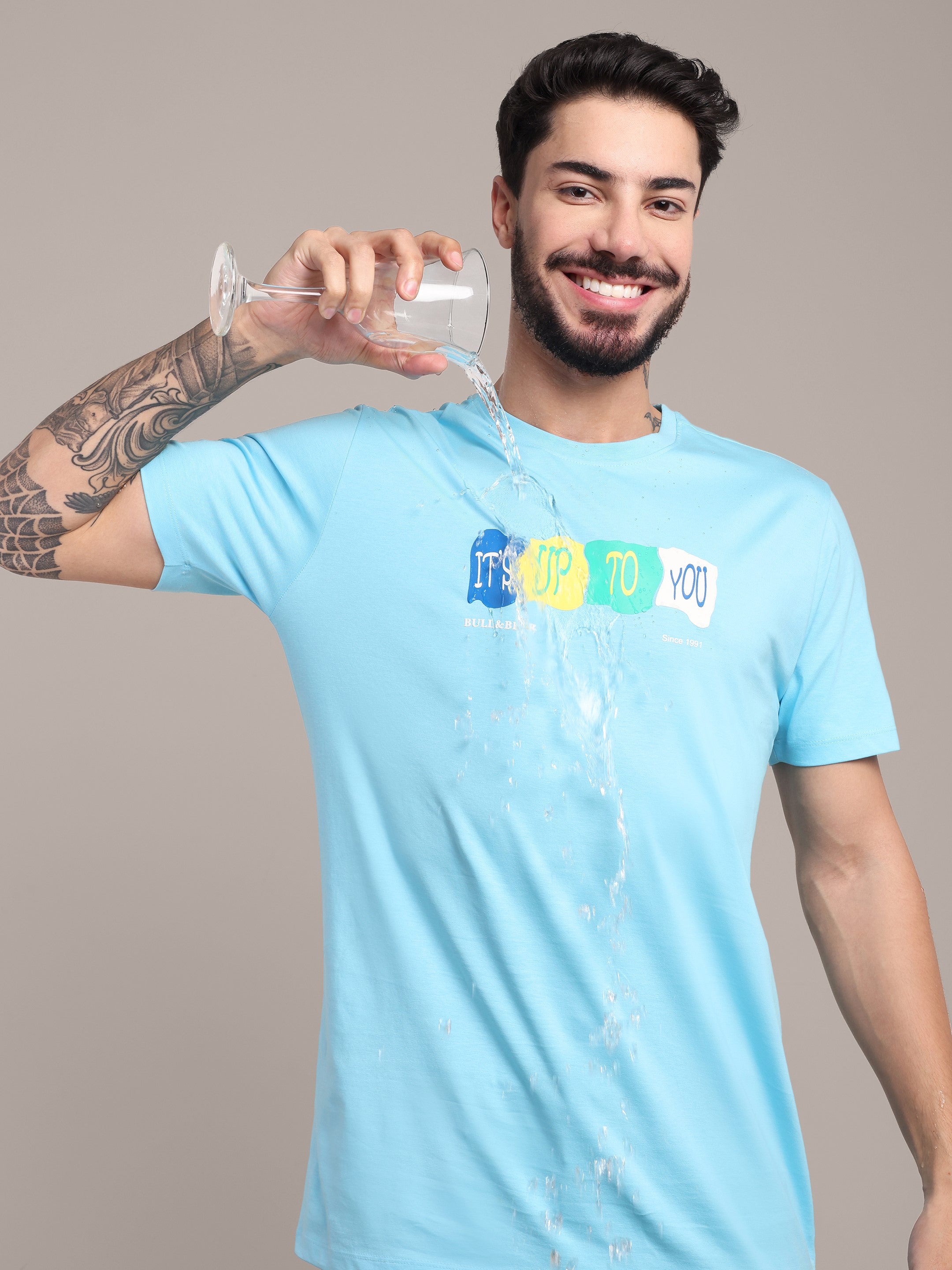 Men's Sky Blue Printed Anti-Stain Cotton Round-Neck T-Shirt