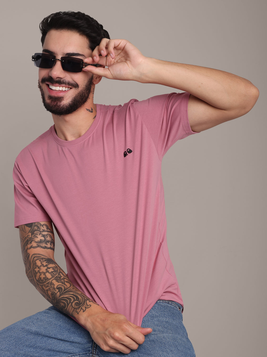 VANDEE Men's Mauve Anti-Stain Cotton Round Neck T-Shirt