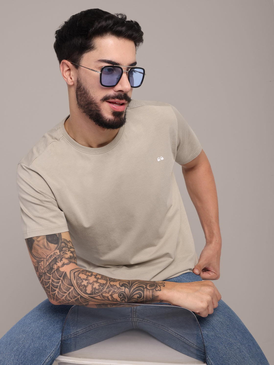 Men's Beige Anti-Stain Cotton Round Neck T-Shirt